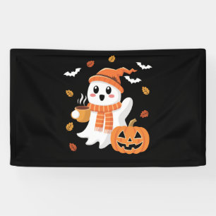 Niedlicher Geist trinkt eisgekühlten Kaffee Hallow Banner