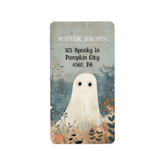 Niedlicher Geist unter Blumen Halloween-Adresse Adressaufkleber (Vorne)