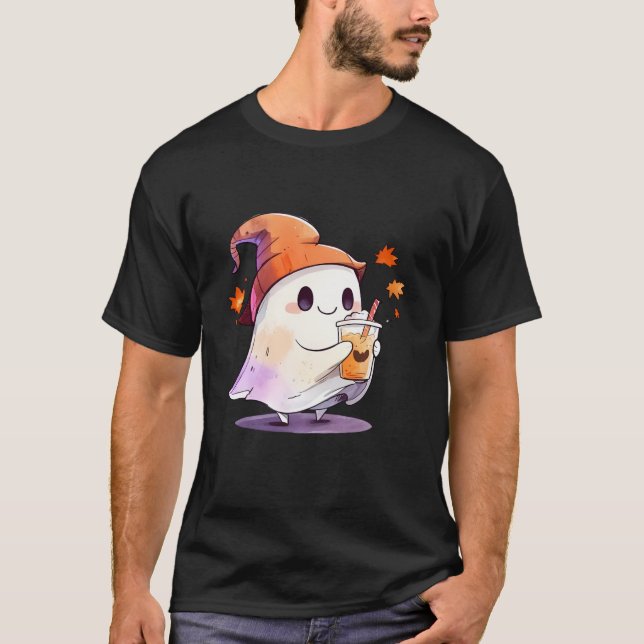Niedlicher Geistertrinkkaffee Halloween-Kaffee T-Shirt (Vorderseite)