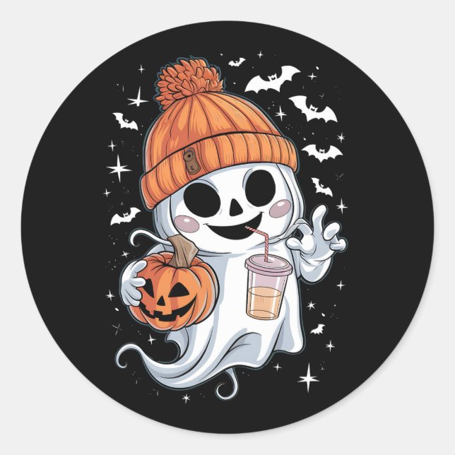 Niedlicher Geistertrinkkaffee zu Halloween-Eiskaff Runder Aufkleber (Vorderseite)