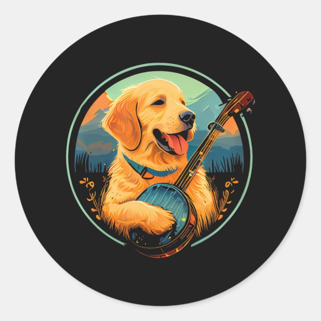 Niedlicher Gelbe Labrador Welpenhund spielt Banjo  Runder Aufkleber (Vorderseite)