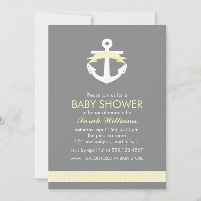 Niedlicher gelber Anker-Seethema-Baby-Dusche Einladung (Vorderseite)