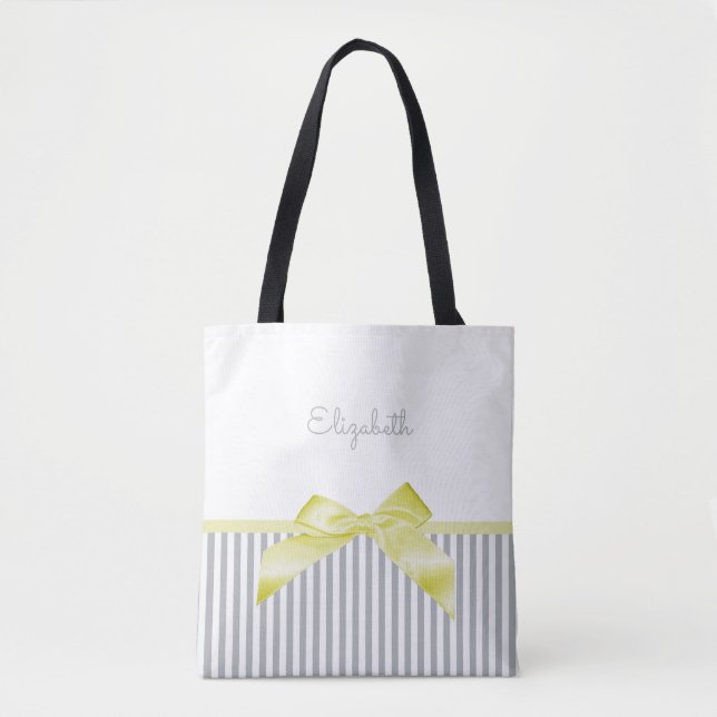 Niedlicher gelber Bow mit grauem Girl-Streifen und Tasche (Vorderseite)