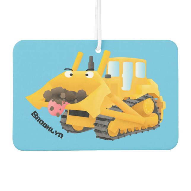 Niedlicher gelber Bulldozer-Comiczeichner Autolufterfrischer (Vorderseite)