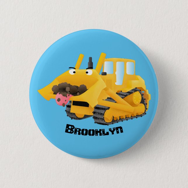 Niedlicher gelber Bulldozer-Comiczeichner Button (Vorderseite)