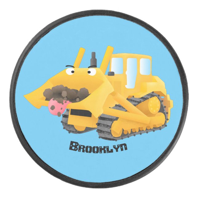 Niedlicher gelber Bulldozer-Comiczeichner Eishockey Puck (Vorderseite)