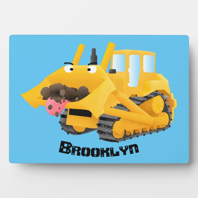 Niedlicher gelber Bulldozer-Comiczeichner Fotoplatte (Vorderseite)