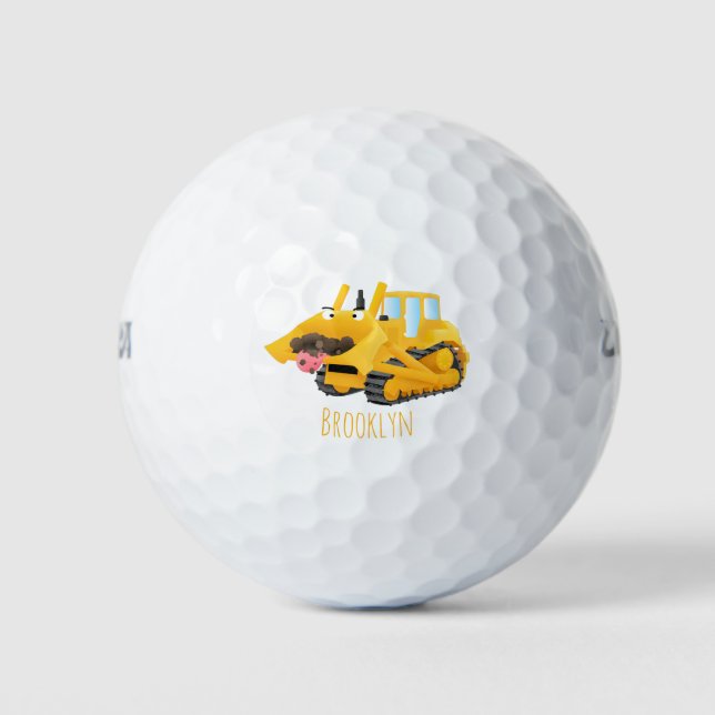 Niedlicher gelber Bulldozer-Comiczeichner Golfball (Vorderseite)