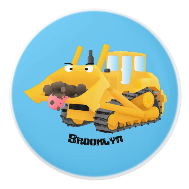 Niedlicher gelber Bulldozer-Comiczeichner Keramikknauf (Vorderseite)
