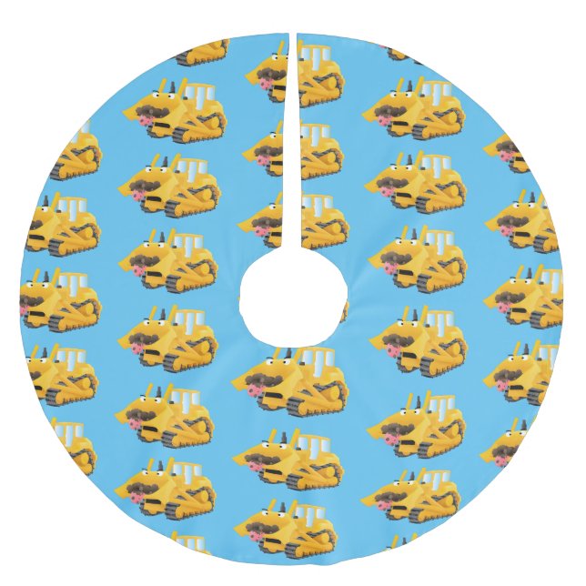 Niedlicher gelber Bulldozer-Comiczeichner Polyester Weihnachtsbaumdecke (Vorderseite)