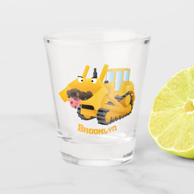 Niedlicher gelber Bulldozer-Comiczeichner Schnapsglas (Vorderseite)