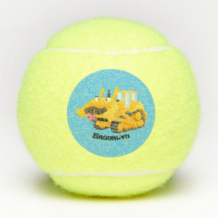 Niedlicher gelber Bulldozer-Comiczeichner Tennisbälle