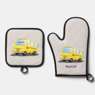 Niedlicher Gelber Schulbus-Cartoon Ofenhandschuh & Topflappen-Set