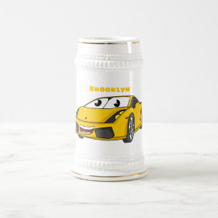 Niedlicher Gelber Sportwagen Cartoon Bierglas