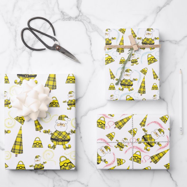 Niedlicher, gelber Tartan-Santa mit Purpur Geschenkpapier Set (Vorderseite)