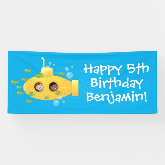Niedlicher gelber Unterseefisch-Cartoon personalis Banner (Horizontal)
