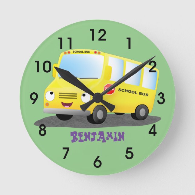 Niedlicher Gelbschulbus-Cartoon Runde Wanduhr (Vorderseite)