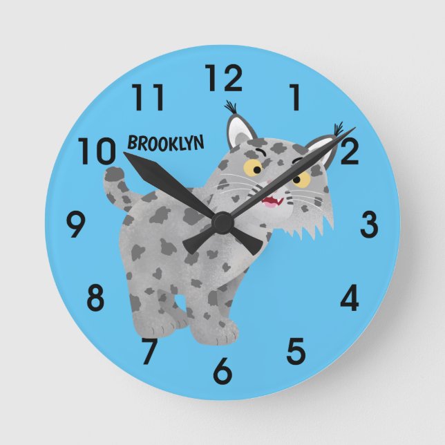 Niedlicher gemeiner Bobcat-Luchs-Cartoon Runde Wanduhr (Vorderseite)