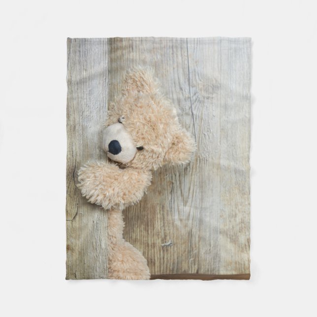 Niedlicher gepolsterter Bär Rustikale Holzwand Fleecedecke (Vorderseite)