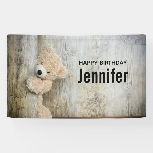 Niedlicher gepolsterter Bär Rustikale Holzwand Geb Banner (Horizontal)