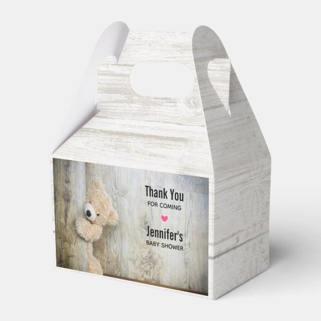Niedlicher gepolsterter Bär Rustikale Holzwand Geschenkschachtel (Vorderseite)