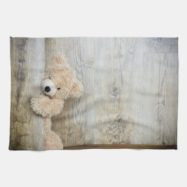 Niedlicher gepolsterter Bär Rustikale Holzwand Geschirrtuch (Horizontal)
