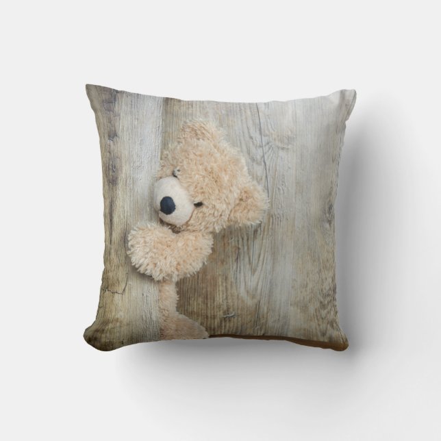 Niedlicher gepolsterter Bär Rustikale Holzwand Kissen (Vorderseite)