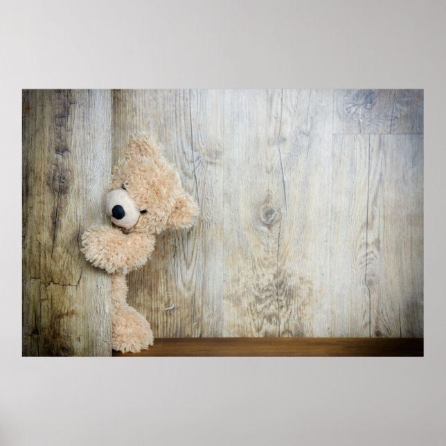 Niedlicher gepolsterter Bär Rustikale Holzwand Poster (Vorne)