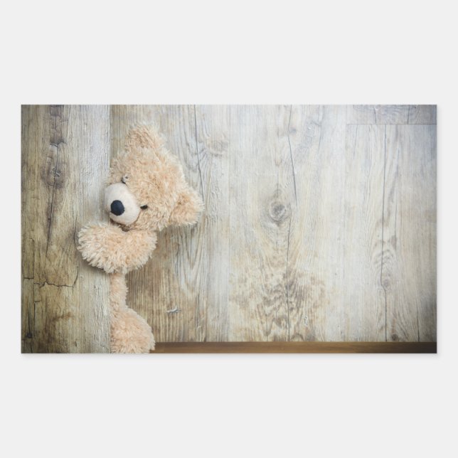 Niedlicher gepolsterter Bär Rustikale Holzwand Rechteckiger Aufkleber (Vorderseite)