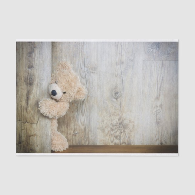 Niedlicher gepolsterter Bär Rustikale Holzwand Seidenpapier (Vorderseite)