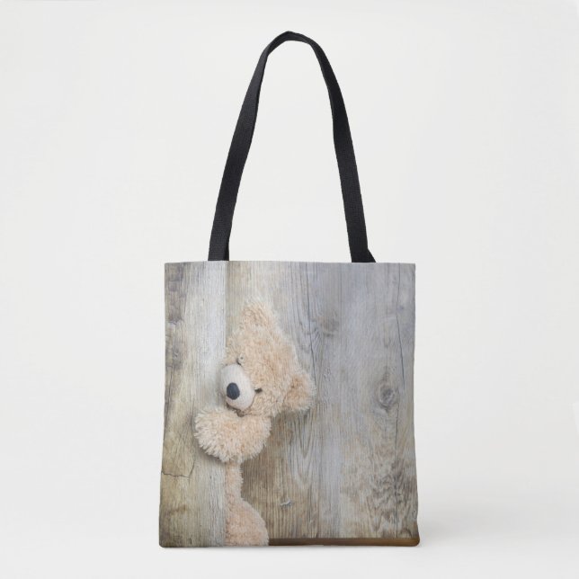 Niedlicher gepolsterter Bär Rustikale Holzwand Tasche (Vorderseite)