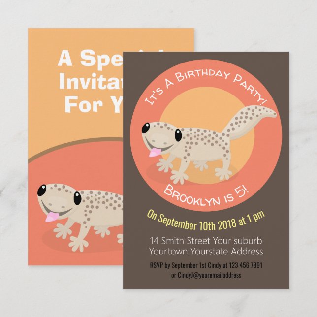 Niedlicher gepunkteter Gecko-Cartoon-Illustration  Einladung (Vorne/Hinten)