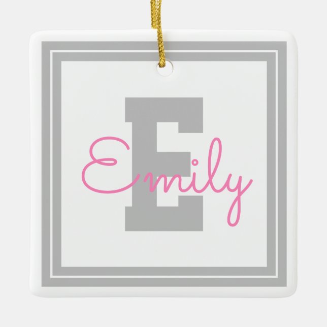 Niedlicher Gerahmter Name und Monogramm | Light Gr Keramikornament (Vorderseite)