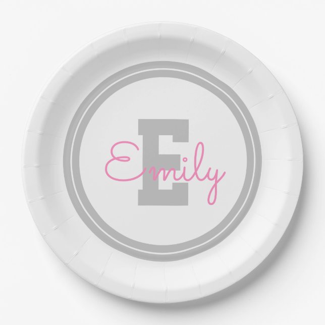 Niedlicher Gerahmter Name und Monogramm | Light Gr Pappteller (Vorderseite)