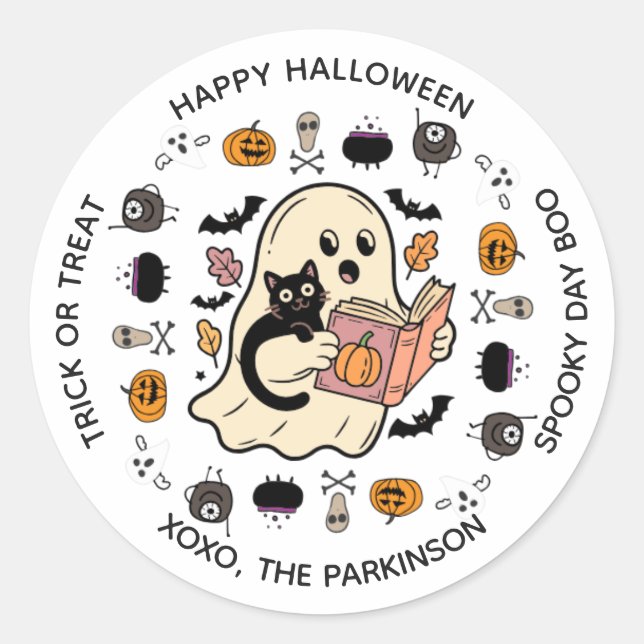 Niedlicher Ghost & Cat Round Sticker - Halloween R (Vorderseite)