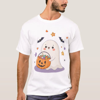 Niedlicher Ghost mit Trick-oder-Leckerei Candy Buc T-Shirt