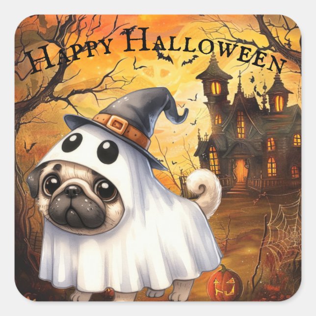 Niedlicher Ghostie Mops Anpassbare Halloween-Kamer Quadratischer Aufkleber (Vorderseite)