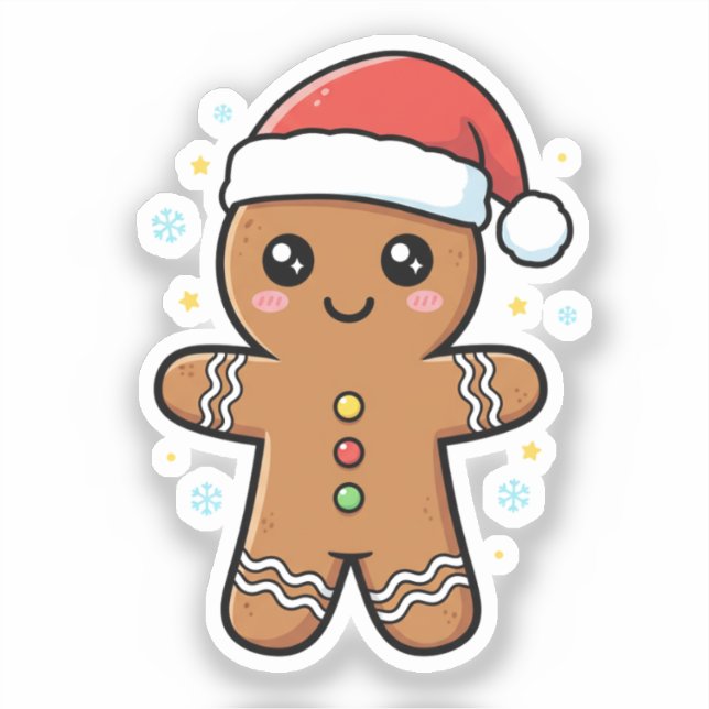 Niedlicher Gingerbrot Mann mit Weihnachtsmannmütze Aufkleber (Vorderseite)