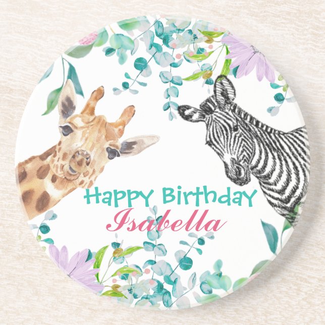 niedlicher Giraffe Zootieren Dschungel Floral Gebu Getränkeuntersetzer (Vorne)