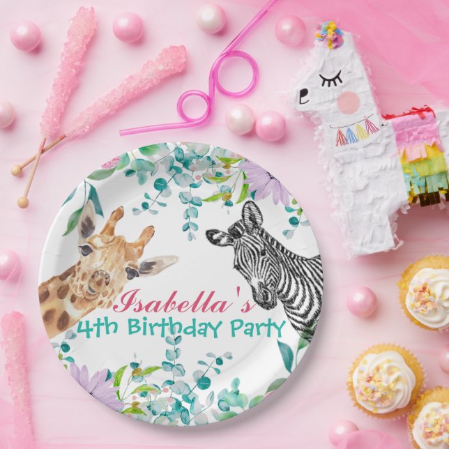 niedlicher Giraffe Zootieren Dschungel Floral Gebu Pappteller (Party)