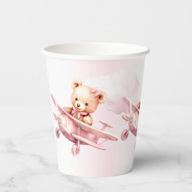 Niedlicher Girl Baby Bear Pilot Rosa Flugzeug Schö Pappbecher (Vorderseite)