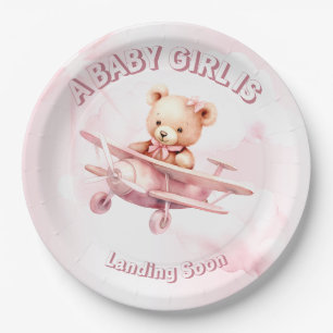 Niedlicher Girl Baby Bear Pilot Rosa Flugzeug Schö Pappteller