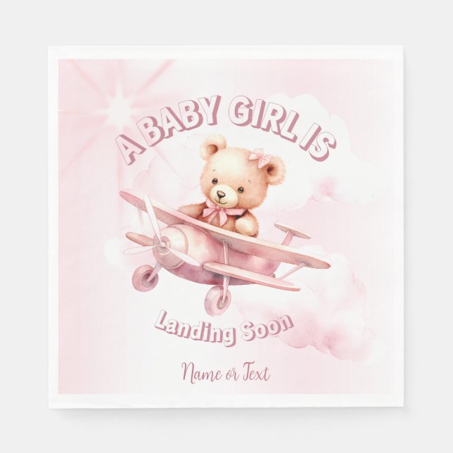 Niedlicher Girl Baby Bear Pilot Rosa Flugzeug Schö Serviette (Vorderseite)