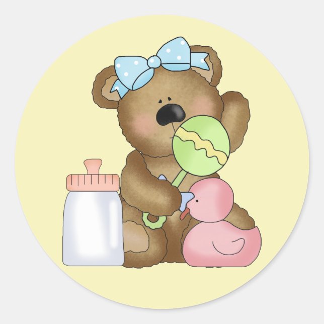 Niedlicher Girl Bär mit Baby Flasche und Rattle. Runder Aufkleber (Vorderseite)