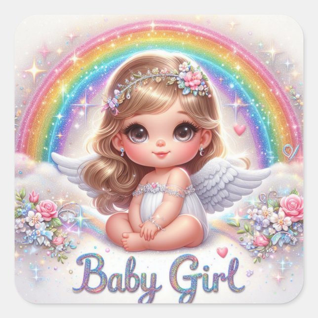 Niedlicher Girl-Engel mit Regenbogen und Blume Quadratischer Aufkleber (Vorderseite)