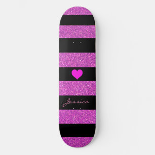 Niedlicher Girl-Glitzer Pink Black Stripes Individ Skateboard