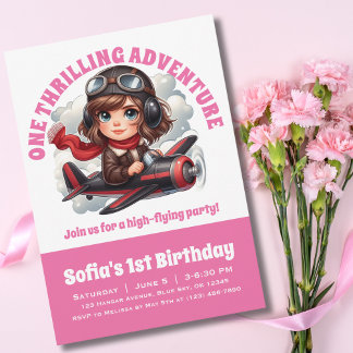 Niedlicher Girl-Pilot fliegt Flugzeug, Girly Pink Einladung
