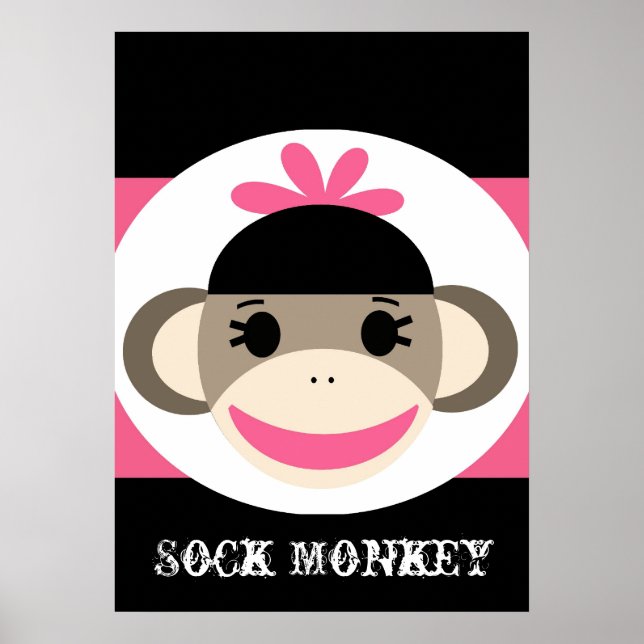 Niedlicher Girl Sock Monkey Black Pink Stripes Pos Poster (Vorne)
