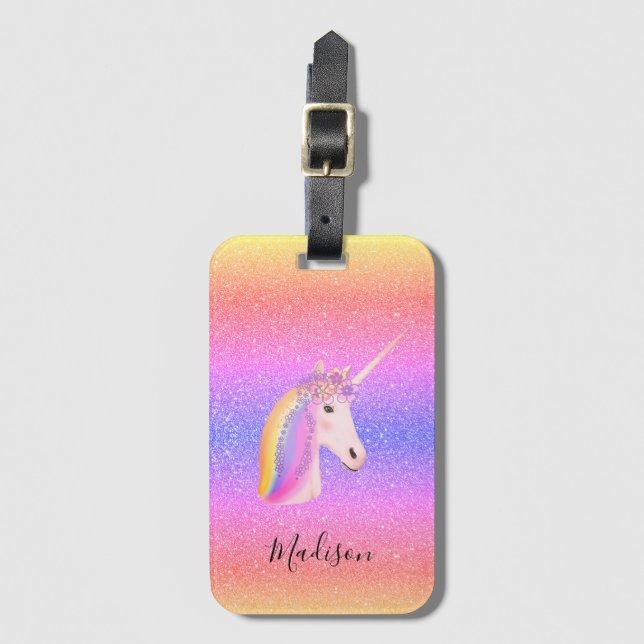 Niedlicher Girl-Unicorn-Regenbogen-Glitzer Persona Gepäckanhänger (Vorderseite Vertikal)