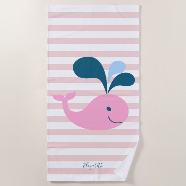 Niedlicher Girly-Cartoon-Wal, Streifen -Personalis Strandtuch (Vorderseite)